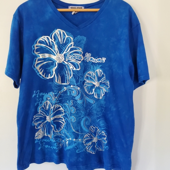 GUAVA BEACH Women M Kona Hawaii Royal Blue Silver Floral Tie Dye T Shirt SS EUC - Picture 5 of 11